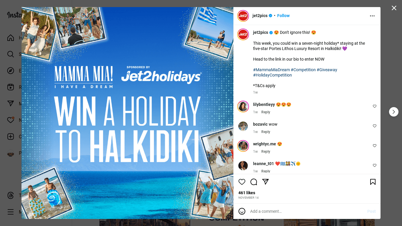 Jet2Pics Instagram post promoting a holiday giveaway contest holiday_marketing_ideas_Jet2holidays